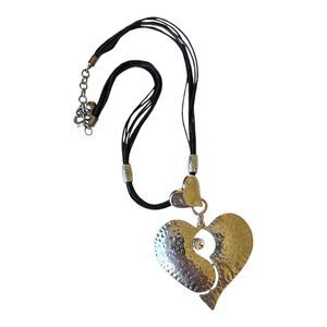 Silver-tone Double Heart Pendant Necklace on a Black Cord
